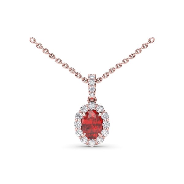 Ruby and Diamond Halo Necklace Mesa Jewelers Grand Junction, CO