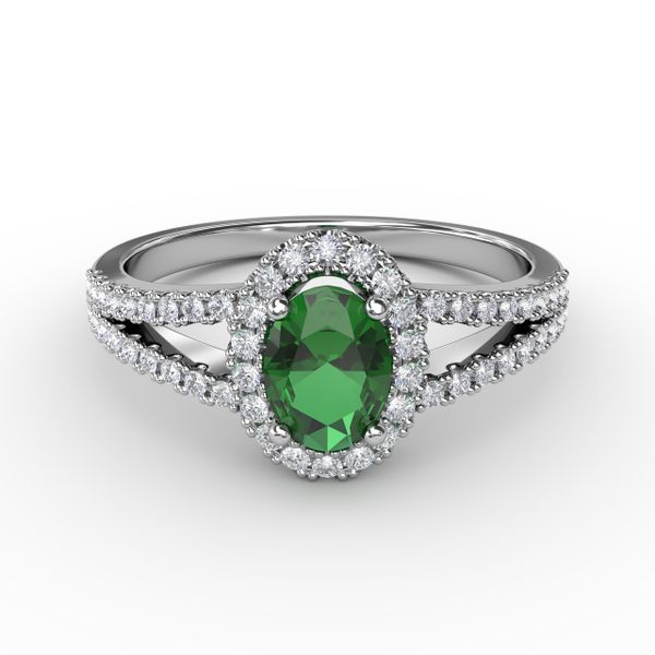 Split Shank Oval Emerald and Diamond Ring Sanders Diamond Jewelers Pasadena, MD