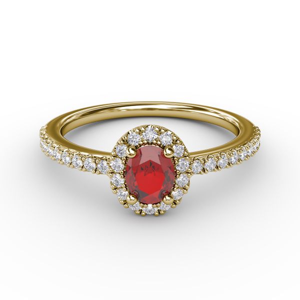 Classic Halo Ruby and Diamond Ring  Mesa Jewelers Grand Junction, CO