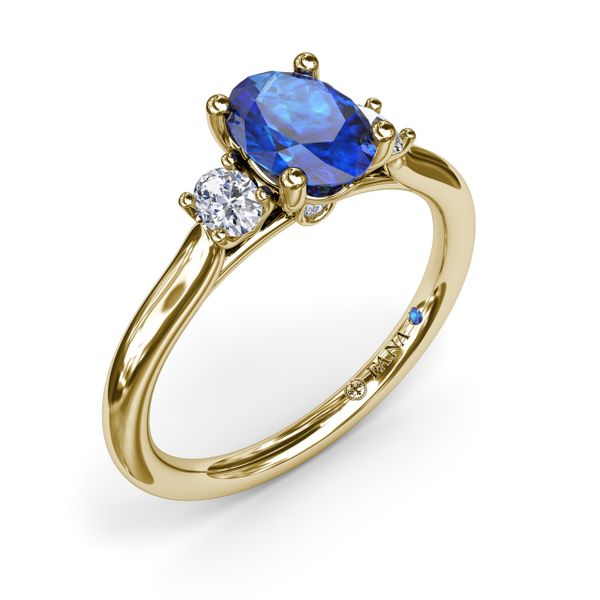 Oval Three Stone Ring with Diamond and Sapphires in White Gold – A.J. Martin