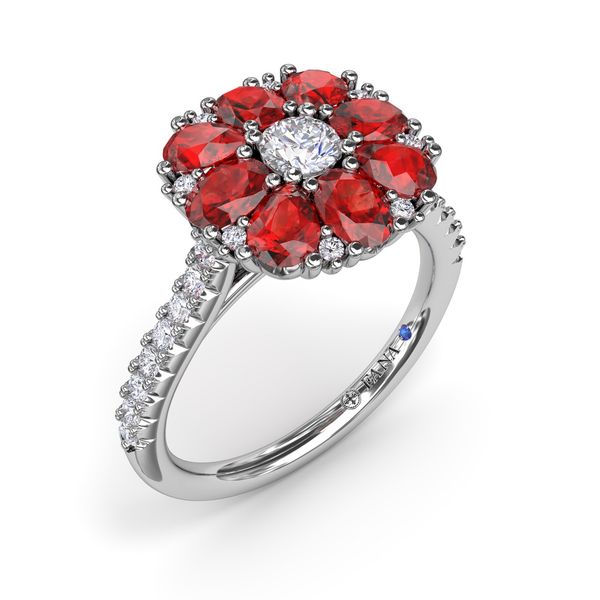 Ruby and Diamond Cluster Flower Ring Image 2 Orloff Jewelers Fresno, CA