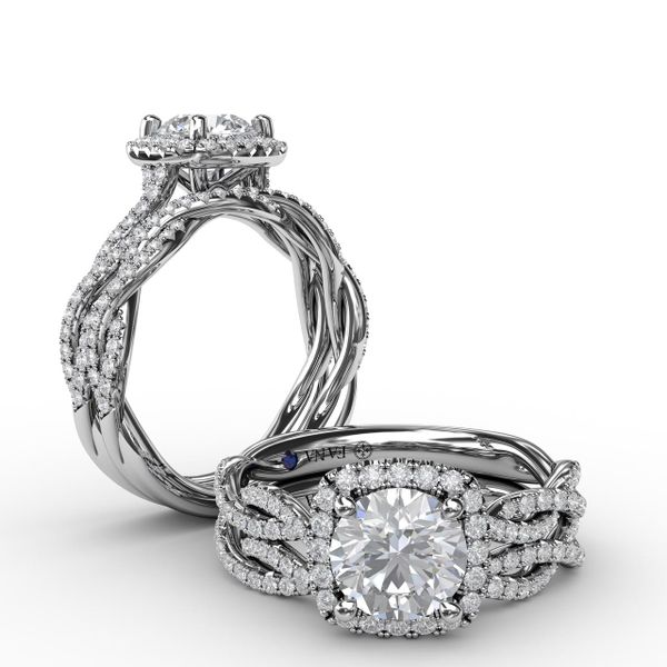 Classic Cushion Diamond Halo Engagement Ring With Cathedral Twist Diamond Band Image 4 John Herold Jewelers Randolph, NJ
