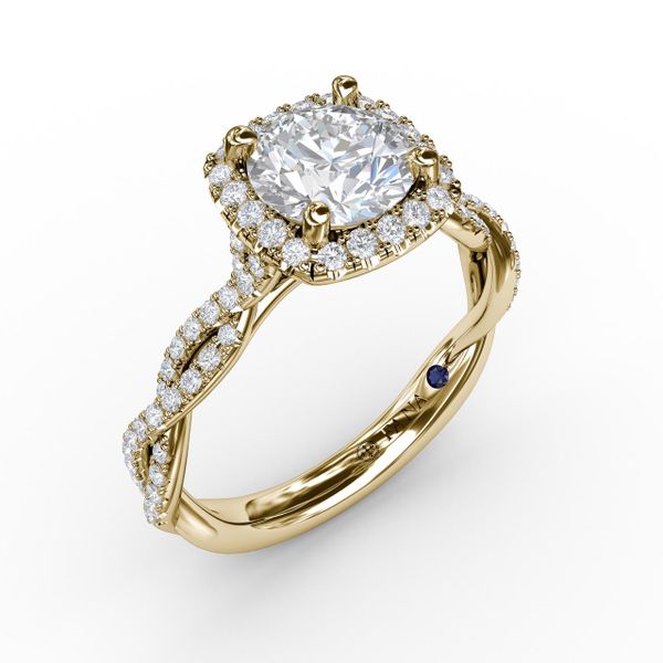 Classic Cushion Diamond Halo Engagement Ring With Cathedral Twist Diamond Band Bell Jewelers Murfreesboro, TN
