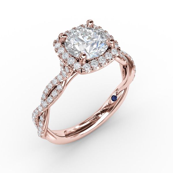 Classic Cushion Diamond Halo Engagement Ring With Cathedral Twist Diamond Band Bell Jewelers Murfreesboro, TN