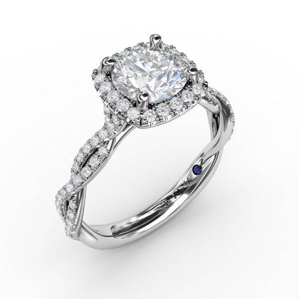 Classic Cushion Diamond Halo Engagement Ring With Cathedral Twist Diamond Band Sanders Diamond Jewelers Pasadena, MD