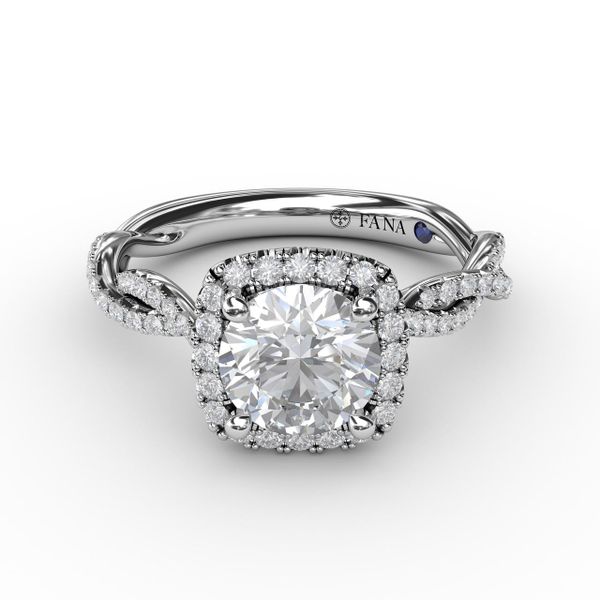 Classic Cushion Diamond Halo Engagement Ring With Cathedral Twist Diamond Band Image 3 Perry's Emporium Wilmington, NC