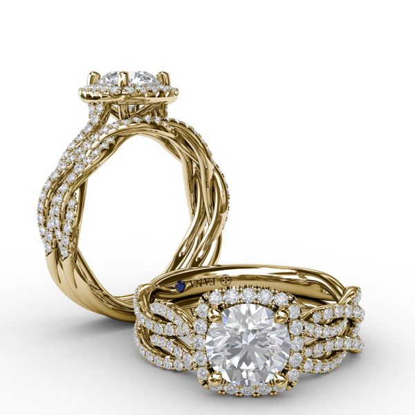 Classic Cushion Diamond Halo Engagement Ring With Cathedral Twist Diamond Band Image 4 Perry's Emporium Wilmington, NC