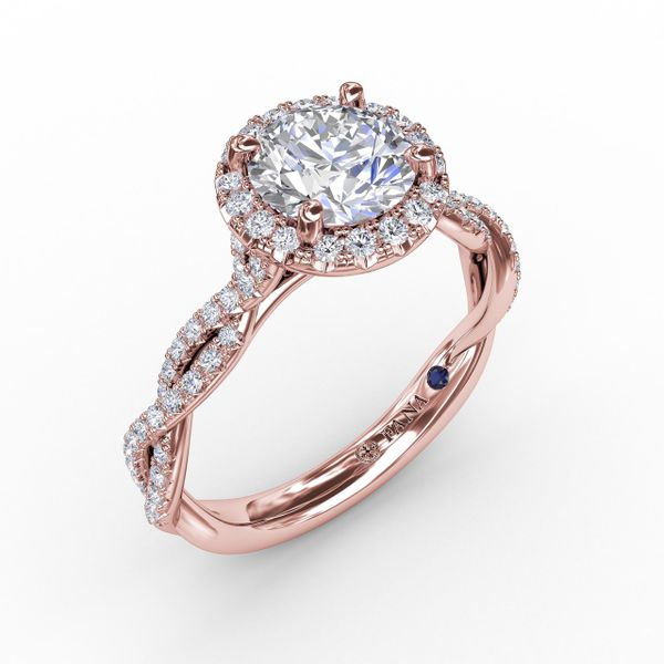 Classic Round Diamond Halo Engagement Ring With Cathedral Twist Diamond Band Sanders Diamond Jewelers Pasadena, MD