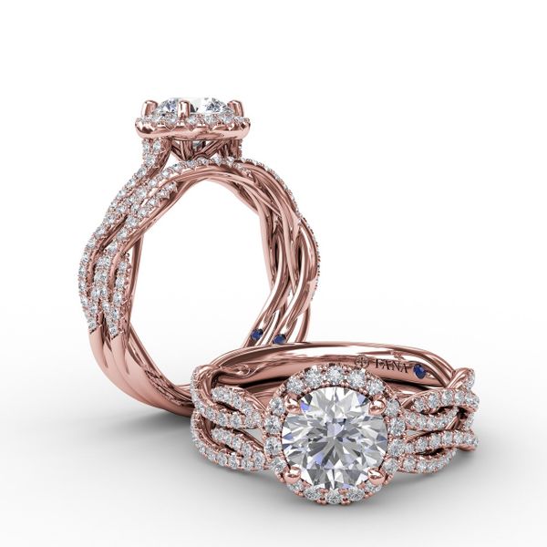 Classic Round Diamond Halo Engagement Ring With Cathedral Twist Diamond Band Image 4 Almassian Jewelers, LLC Grand Rapids, MI