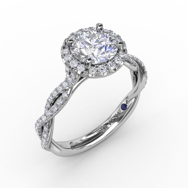 Classic Round Diamond Halo Engagement Ring With Cathedral Twist Diamond Band Parris Jewelers Hattiesburg, MS
