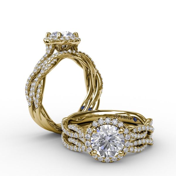 Classic Round Diamond Halo Engagement Ring With Cathedral Twist Diamond Band Image 4 John Herold Jewelers Randolph, NJ