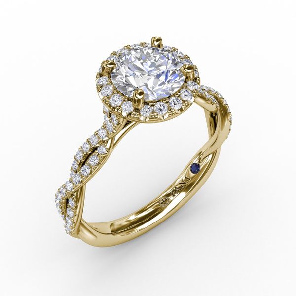 Classic Round Diamond Halo Engagement Ring With Cathedral Twist Diamond Band Bell Jewelers Murfreesboro, TN