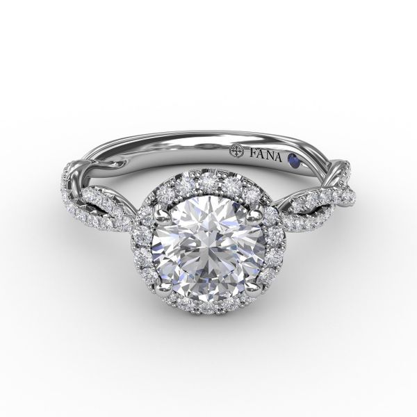 Classic Round Diamond Halo Engagement Ring With Cathedral Twist Diamond Band Image 3 John Herold Jewelers Randolph, NJ