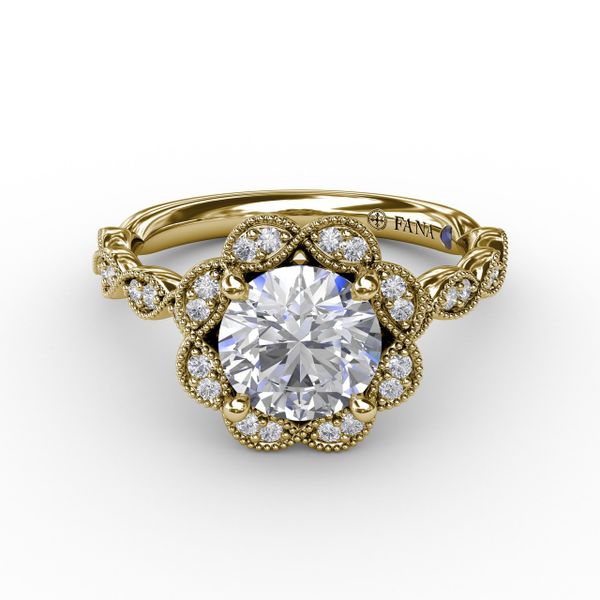 Round Diamond Engagement Ring With Floral Halo and Milgrain Details Image 3 Sanders Diamond Jewelers Pasadena, MD