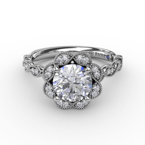 Round Diamond Engagement Ring With Floral Halo and Milgrain Details Image 3 Parris Jewelers Hattiesburg, MS
