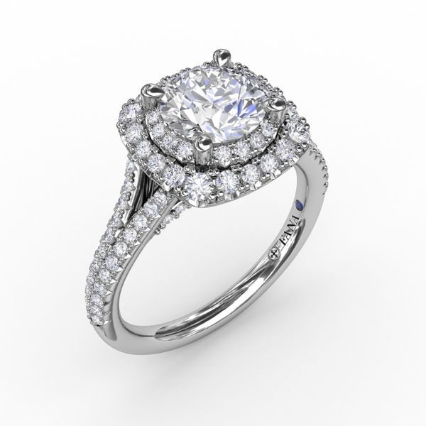 Cushion-Shaped Double Halo Pavé Diamond Engagement Ring wit
