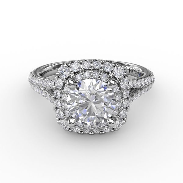 Cushion-Shaped Double Halo Pavé Diamond Engagement Ring with Split Shank Image 3 Parris Jewelers Hattiesburg, MS