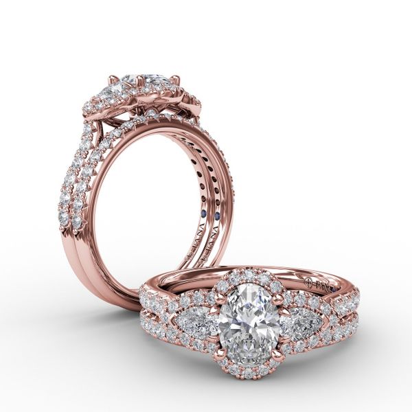 Three-Stone Round Diamond Halo Engagement Ring Image 4 Sanders Diamond Jewelers Pasadena, MD