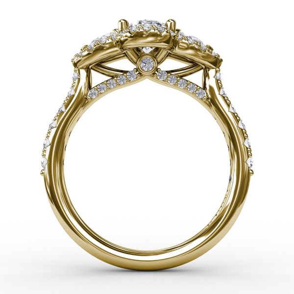 Three-Stone Round Diamond Halo Engagement Ring Image 2 Bell Jewelers Murfreesboro, TN