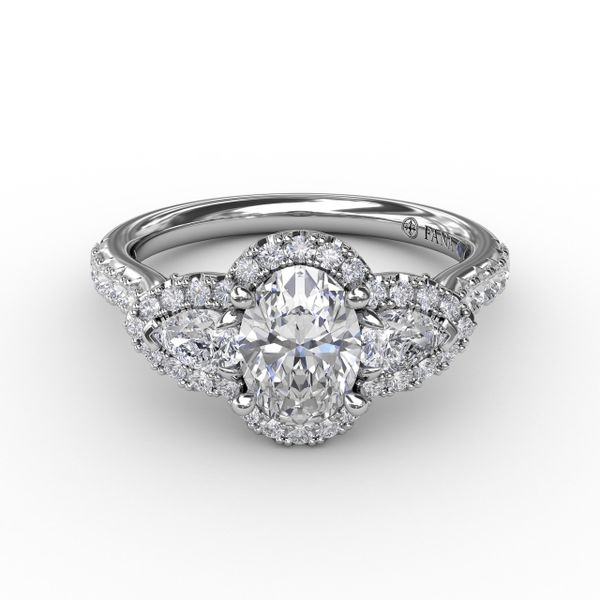 Three-Stone Round Diamond Halo Engagement Ring Image 3 John Herold Jewelers Randolph, NJ
