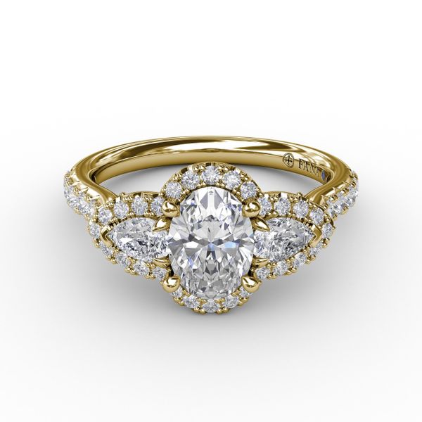 Three-Stone Round Diamond Halo Engagement Ring Image 3 Sanders Diamond Jewelers Pasadena, MD