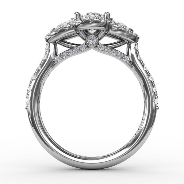 Three-Stone Round Diamond Halo Engagement Ring Image 2 J. Thomas Jewelers Rochester Hills, MI