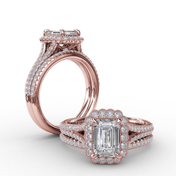 Vintage Emerald Cut Diamond Halo Engagement Ring With Split Shank Image 4 S. Lennon & Co Jewelers New Hartford, NY