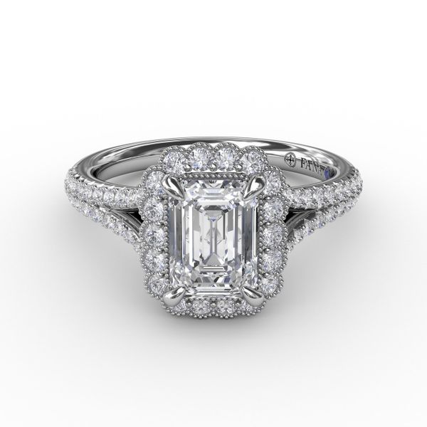 Vintage Emerald Cut Diamond Halo Engagement Ring With Split Shank Image 3 John Herold Jewelers Randolph, NJ