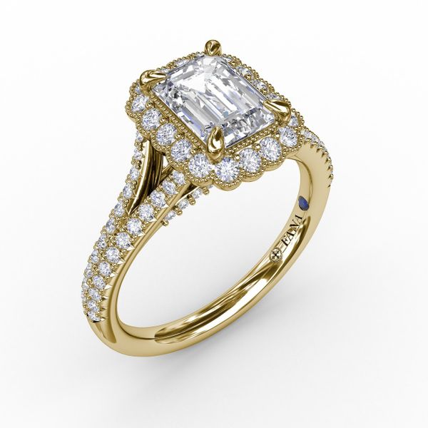 Vintage Emerald Cut Diamond Halo Engagement Ring With Split Shank Jacqueline's Fine Jewelry Morgantown, WV