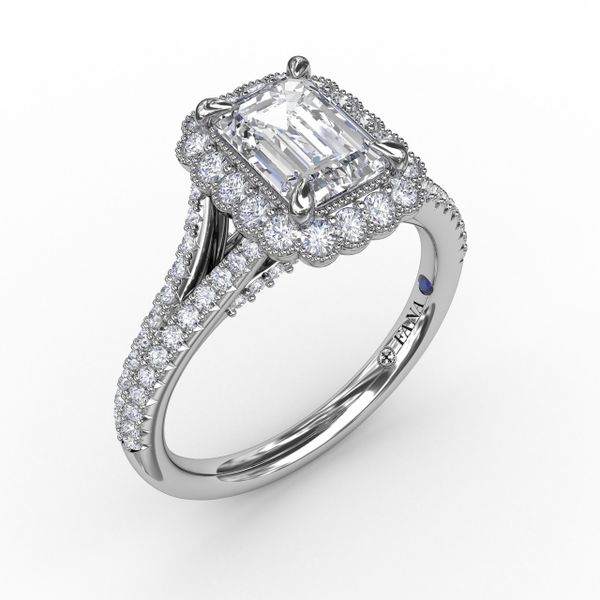 Vintage Emerald Cut Diamond Halo Engagement Ring With Split Shank Mesa Jewelers Grand Junction, CO