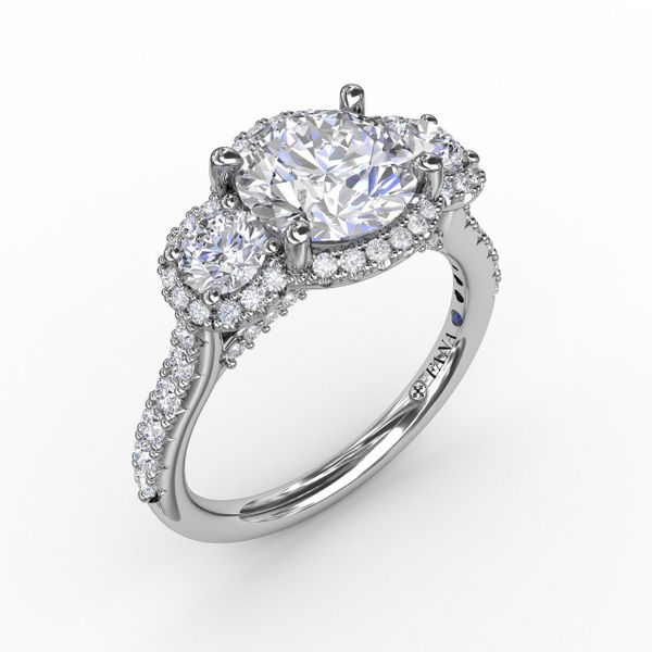 Three-Stone Round Diamond Halo Engagement Ring John Herold Jewelers Randolph, NJ