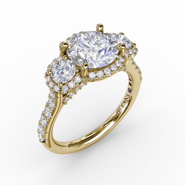 Three-Stone Round Diamond Halo Engagement Ring Parris Jewelers Hattiesburg, MS