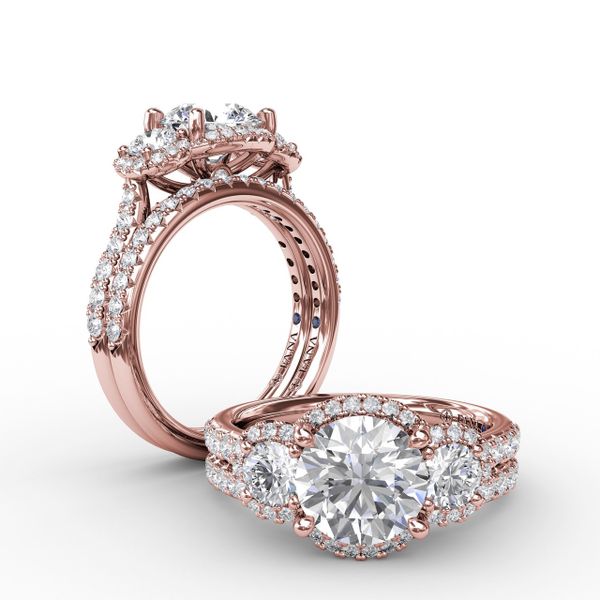 Three-Stone Round Diamond Halo Engagement Ring Image 4 John Herold Jewelers Randolph, NJ
