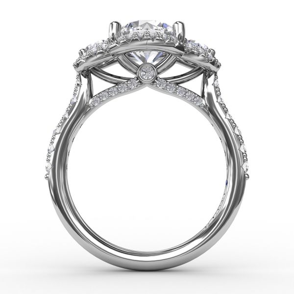 Three-Stone Round Diamond Halo Engagement Ring Image 2 Almassian Jewelers, LLC Grand Rapids, MI