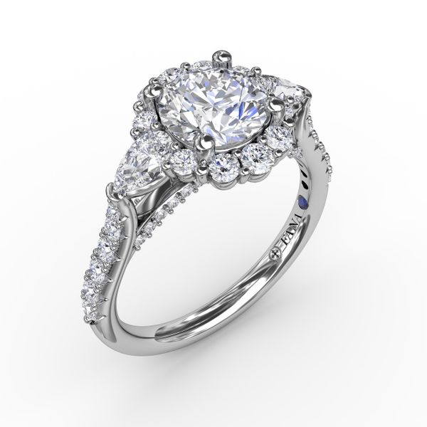 Three-Stone Diamond Halo Engagement Ring With Pear-Shape Side Stones Jacqueline's Fine Jewelry Morgantown, WV