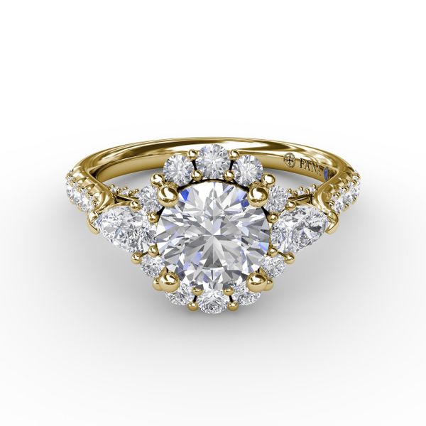 Three-Stone Diamond Halo Engagement Ring With Pear-Shape Side Stones Image 3 Parris Jewelers Hattiesburg, MS