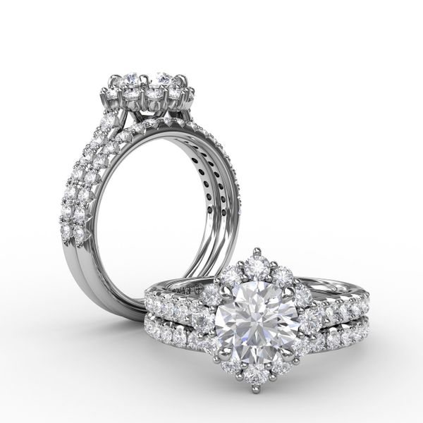 Angled Cushion-Shaped Diamond Halo Engagement Ring With Diamond Band Image 4 Parris Jewelers Hattiesburg, MS