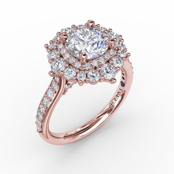 Two-Tone Double Halo Round Diamond Engagement Ring Engagement Ring With Diamond Band John Herold Jewelers Randolph, NJ