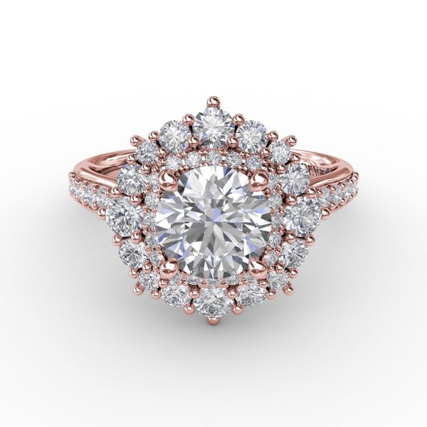Two-Tone Double Halo Round Diamond Engagement Ring Engagement Ring With Diamond Band Image 3 Sanders Diamond Jewelers Pasadena, MD
