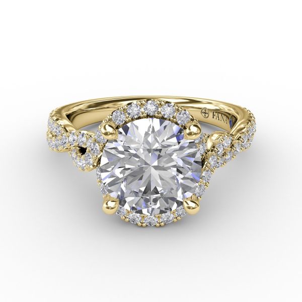 Contemporary Round Diamond Halo Engagement Ring With Twisted Vine Shank