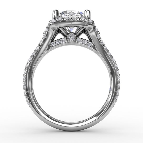Cushion Halo Engagement Ring With Side Stones and Double-Row Diamond Band Image 2 Parris Jewelers Hattiesburg, MS