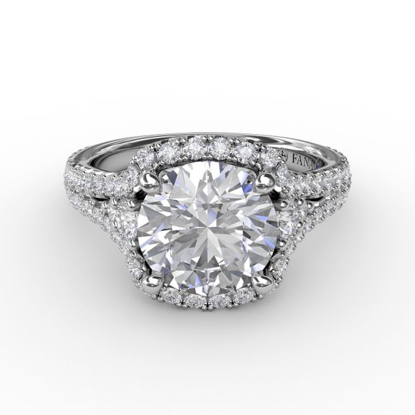 Cushion Halo Engagement Ring With Side Stones and Double-Row Diamond Band Image 3 John Herold Jewelers Randolph, NJ