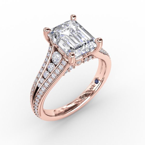 Contemporary Emerald Cut Diamond Solitaire Engagement Ring With Triple-Row Diamond Band Almassian Jewelers, LLC Grand Rapids, MI