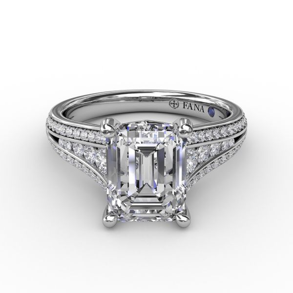 Contemporary Emerald Cut Diamond Solitaire Engagement Ring With Triple-Row Diamond Band Image 3 S. Lennon & Co Jewelers New Hartford, NY