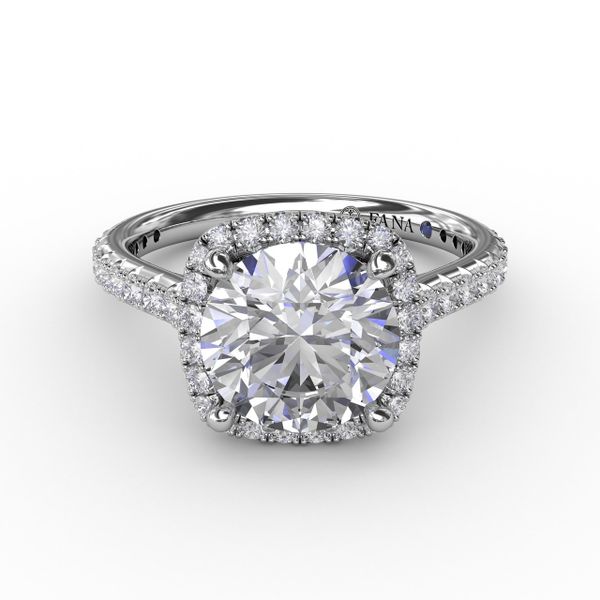 Cushion-Shaped Halo Diamond Engagement Ring with Diamond Band Image 3 John Herold Jewelers Randolph, NJ