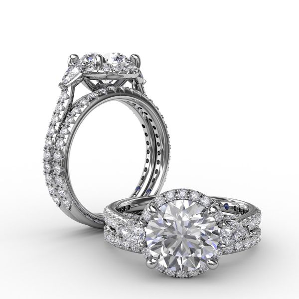 Round Diamond Halo Engagement Ring With Pear-Shape Side Stones Image 4 John Herold Jewelers Randolph, NJ