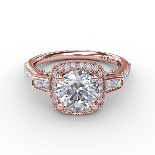Three-Stone Diamond Halo Engagement Ring With Baguette Side Stones Image 3 J. Thomas Jewelers Rochester Hills, MI