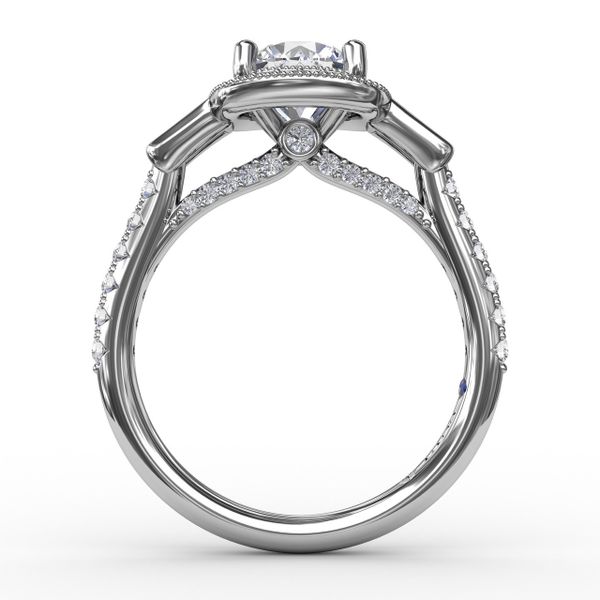 Three-Stone Diamond Halo Engagement Ring With Baguette Side Stones Image 2 Sanders Diamond Jewelers Pasadena, MD