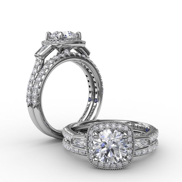 Three-Stone Diamond Halo Engagement Ring With Baguette Side Stones Image 4 Reed & Sons Sedalia, MO