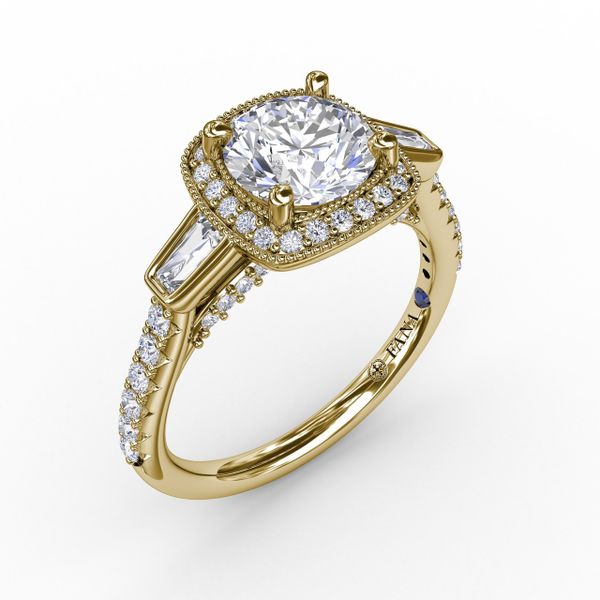 Three-Stone Diamond Halo Engagement Ring With Baguette Side Stones Sanders Diamond Jewelers Pasadena, MD